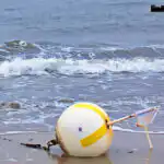 Bildnachweis 30 Gelb-weiße Boje mit Flagge am nassen Sandstrand vor brechenden Wellen der Ostsee im Detail.