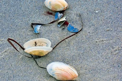 Geöffnete Sandkläffmuscheln und blaue Muschelfragmente im feuchten Sandstrand mit Algenfäden im Detail.