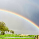 Bildnachweis 82 Regenbogen über grau bewölktem Himmel über grünen Wiesen.