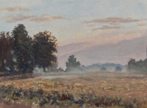 Naturkunst: Plein-Air-Landschaft mit morgendlicher Nebelstimmung: Aquarell einer weiten Wiese mit Baumgruppe am Horizont, sanften Wolken und atmosphärischem Licht in natürlicher Freilichtmalerei.